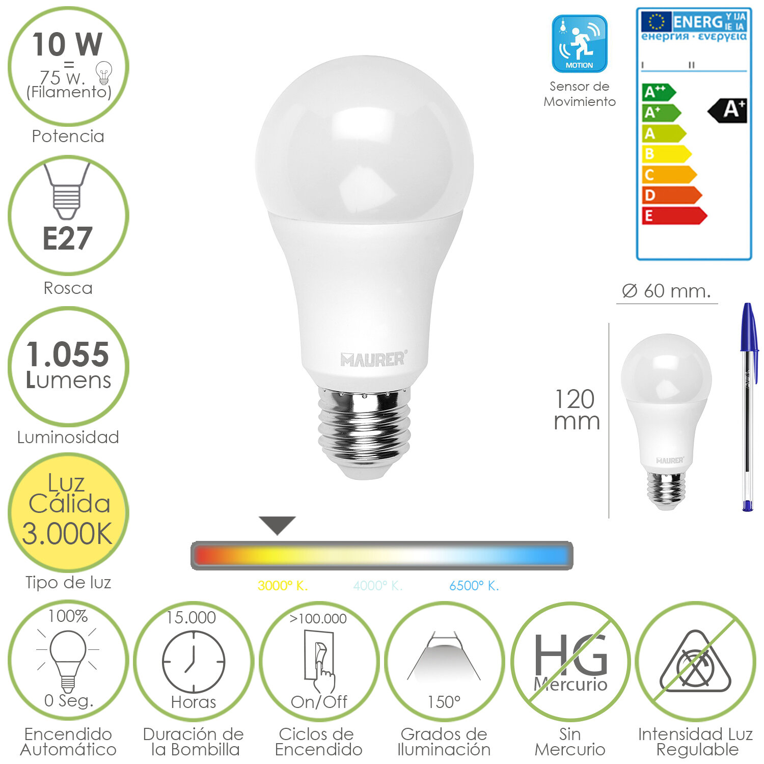 Bombilla Led Con Sensor de Movimiento Rosca E27 10 Watt. Equivale a 75 Watt. 1055 Lumenes. Luz c�lida (3.000� K)