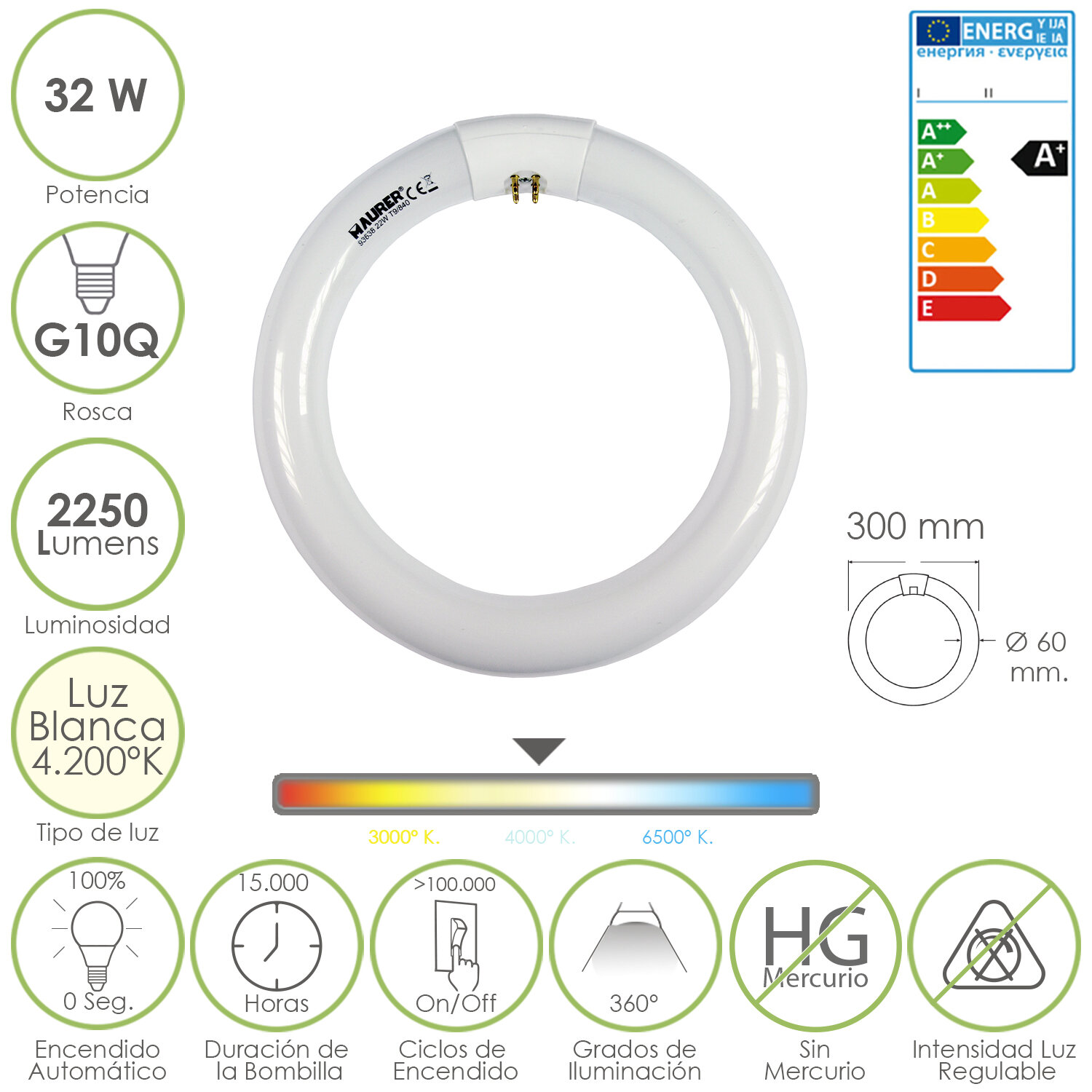Tubo Fluorescente Circular Trifosforo 32 W. � 300 mm. Luz Neutra