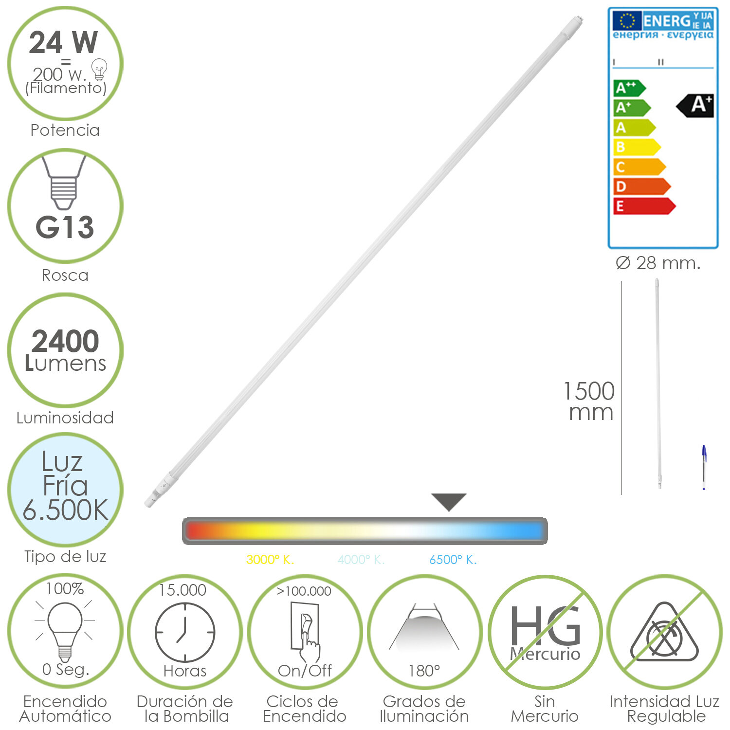 Tubo Led Recto T8 / G13 - 24 W. 2400 Lumen 6.500� K � 28 mm. Longitud 150 cm.
