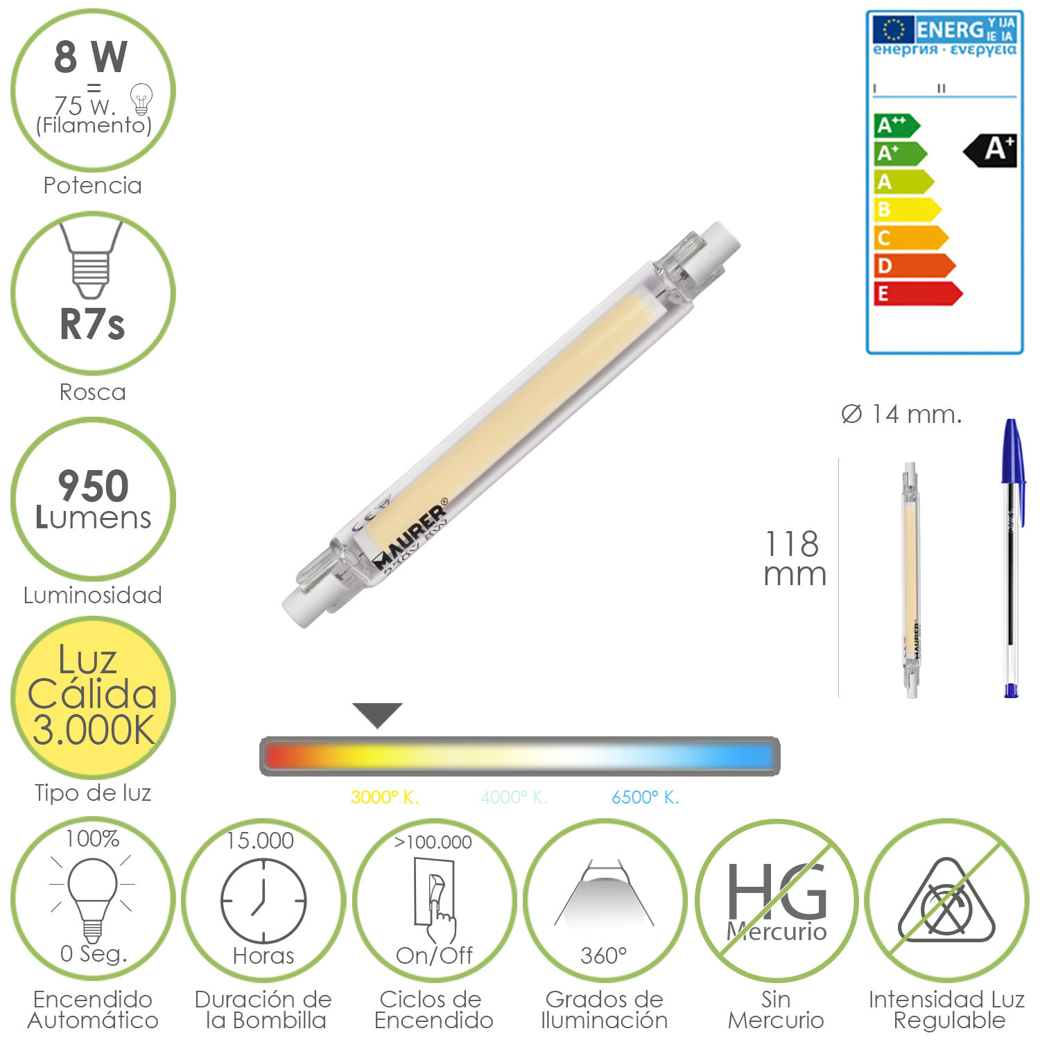 Bombilla / Lampara Lineal Led Rosca R7S 8 W. = 75 W. 950 Lumenes Luz C�lida (3000 � K.)