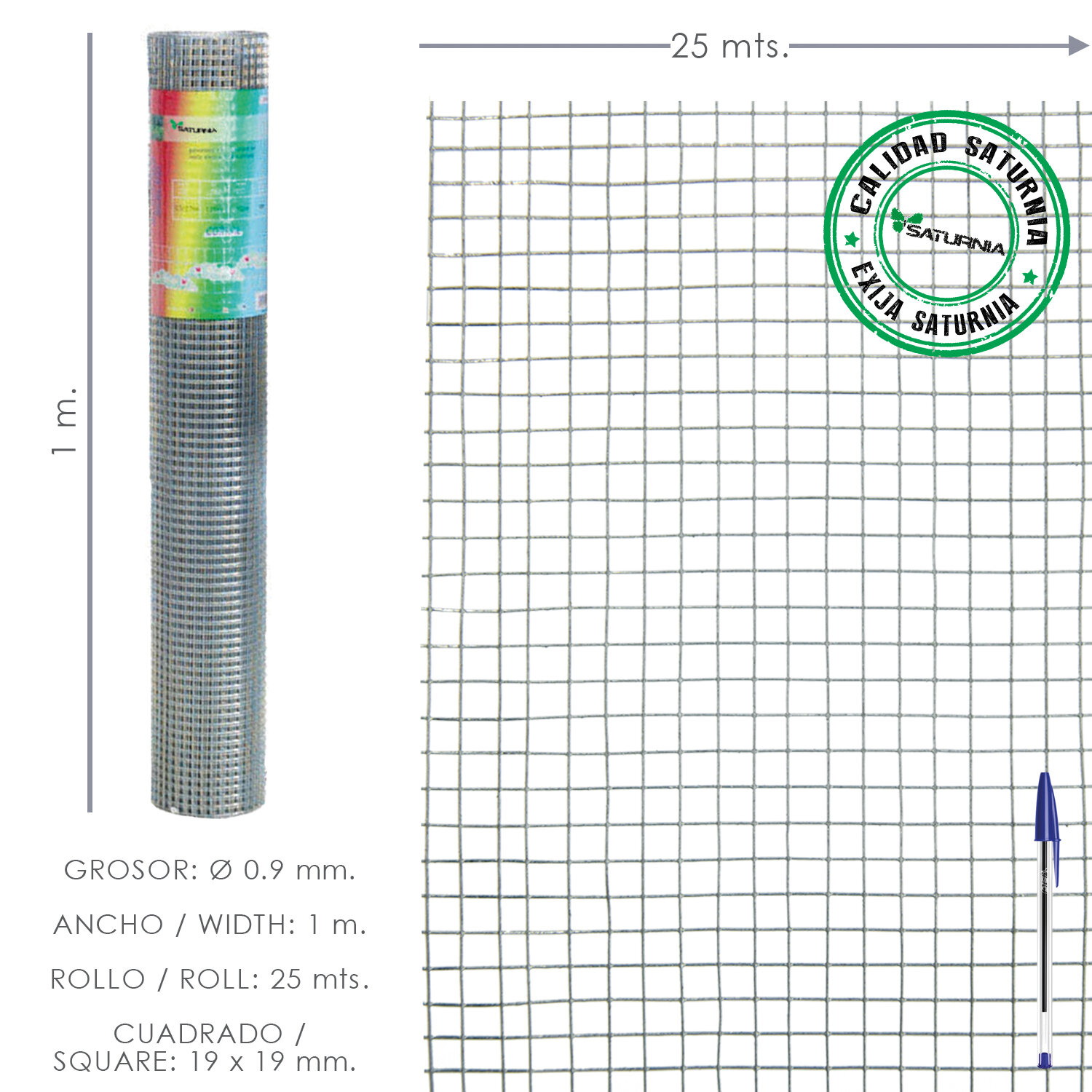Malla Electrosoldada Ligera Galvanizada 19x19 / 100 cm. Rollo 25 Metros Uso Domestico