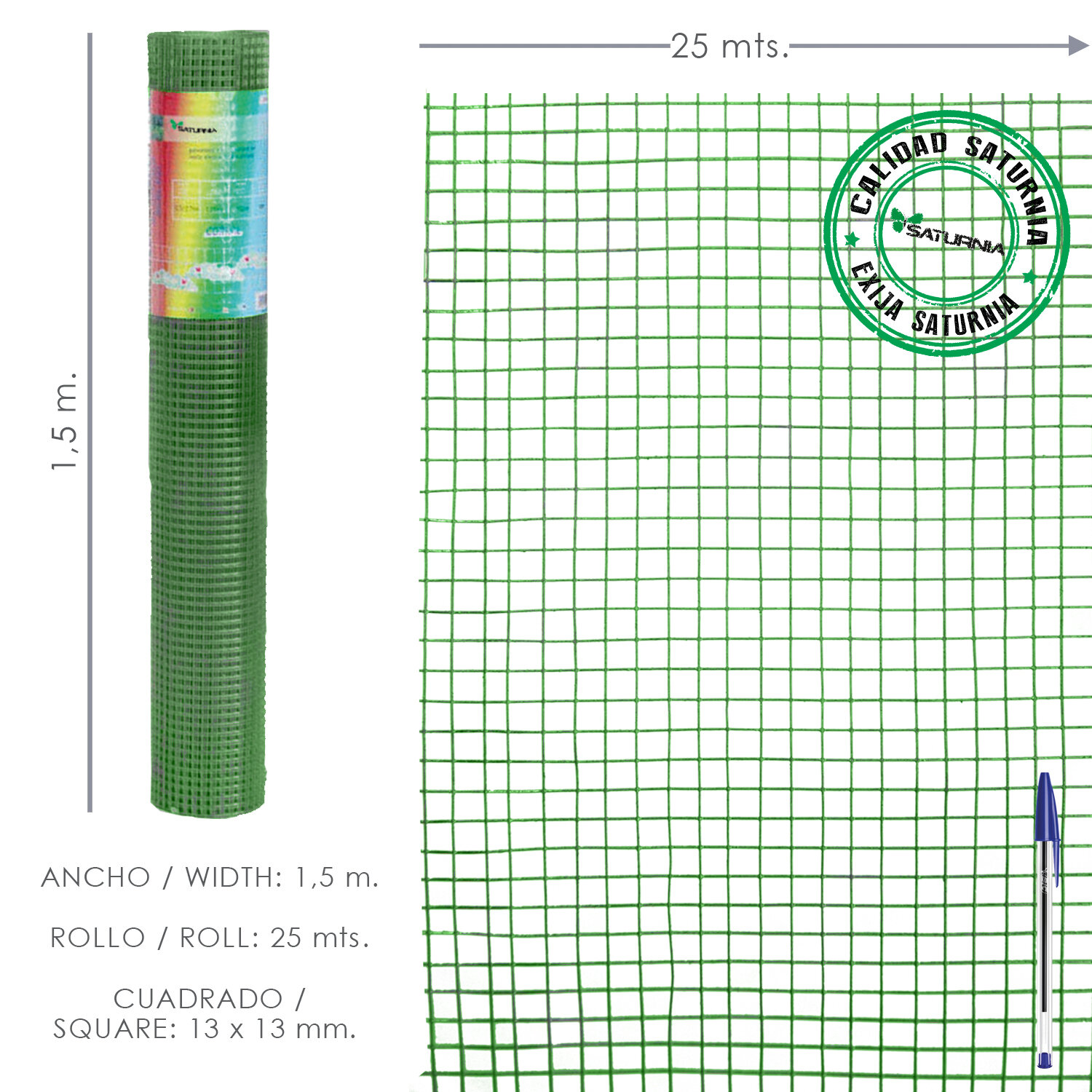 Malla Electrosoldada Plastificada Corral 13x13 / 150 cm. Rollo 25 metros