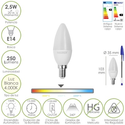 Bombilla Led Vela E14. 2,5 Watt. Equivale A 20 Watt. 250 Lumenes. Luz Neutra 4.000 K.