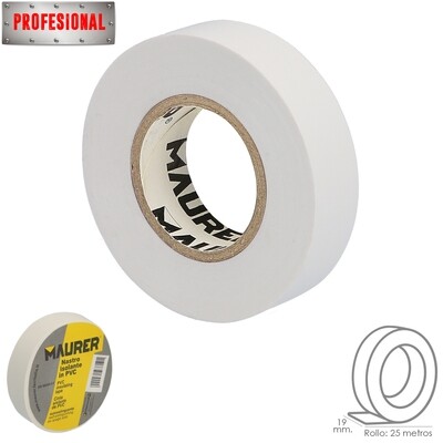 Cinta Aislante Profesional PVC 19 mm. x 25 metros x 0,13 mm espesor. Blanca.