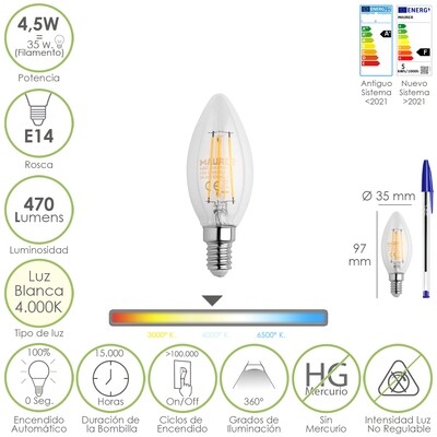 Bombilla Led Filamento Vela Rosca E14. 4,5 Watt. Equivale A 35 Watt. 470 Lumenes. Luz Neutra 4000 K.