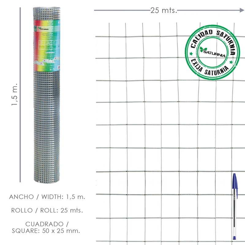 Malla Electrosoldada Galvanizada 50x25 / 2,00 / 150 cm. GA Rollo 25 metros.