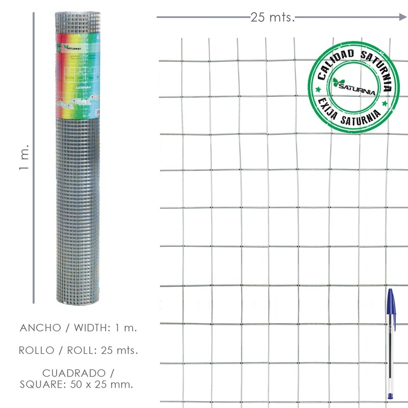 Malla Electrosoldada Galvanizada 50x25 / 2,00 / 100 cm. GA Rollo 25 metros