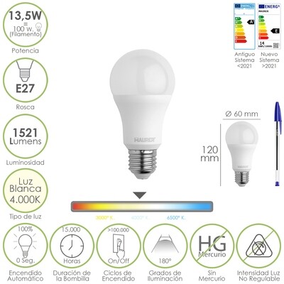 Bombilla Led Estandar Rosca E27. 13,5 Watt. Equivale A 100 Watt. 1521 Lumenes. Luz Neutra (4000 K.)