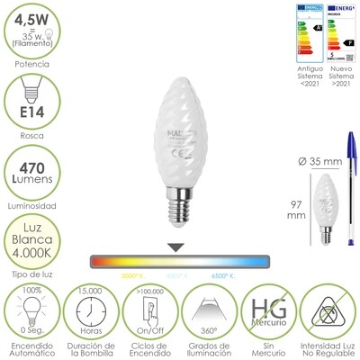 Bombilla Led Filamento Vela Esmerilada E14. 4,5 Watt. Equivale A 35 Watt. 470 Lumenes. Luz Neutra 4000 K.
