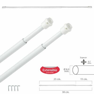 Barra Visillo Extensible 23/38 cm. con Muelle Presion, Soportes y Ventosas (2 Piezas)