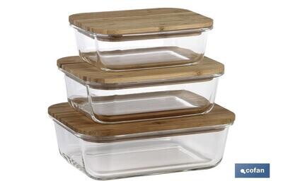 SET DE 3 RECIPIENTES DE BOROSILICATO CON TAPA DE BAMB� MODELO PANDA 640 ML-1040 ML -1520 ML