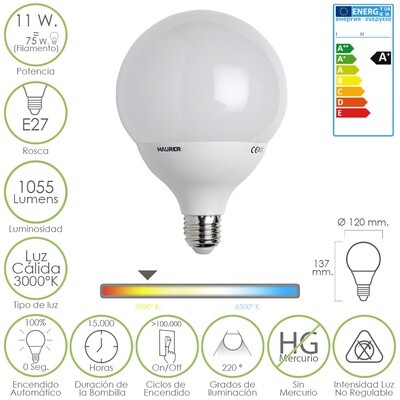 Bombilla Led Globo E27 8,5 W. 60 W. 806 l�menes. Luz Fria (6500� K)