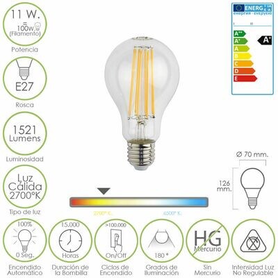 Bombilla Led Filamento Standar E27.  11 W.  100 W. 1521 L�menes. Luz calida. (2700�K).