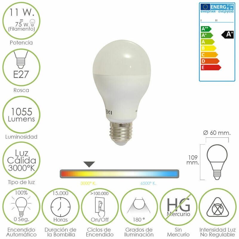 Bombilla Led Standar E27.  11 W.  75 W. 1055  L�menes. Luz calida. (3000�K)