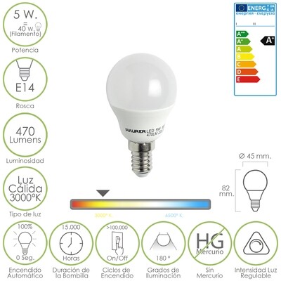 Bombilla Led Esferica Regulable Rosca E14 5 W. 40 W. 470 l�menes. Luz C�lida (3000�K).