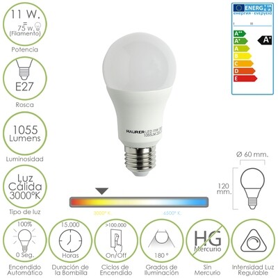 Bombilla Led Standar Regulable E27.  11 W.  75 W. 1055  l�menes. Luz calida. (3000�K).