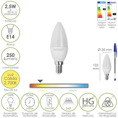 Bombilla Led Vela E14. 2,5 Watt. Equivale A 20 Watt. 250 Lumenes. Luz Calida 2700 K.