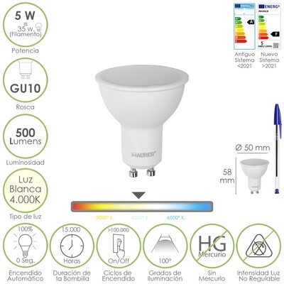 Bombilla Led Dicroica Rosca GU10. 5 Watt. Equivale A 35 Watt. 500 Lumenes. Luz Neutra 4000 K