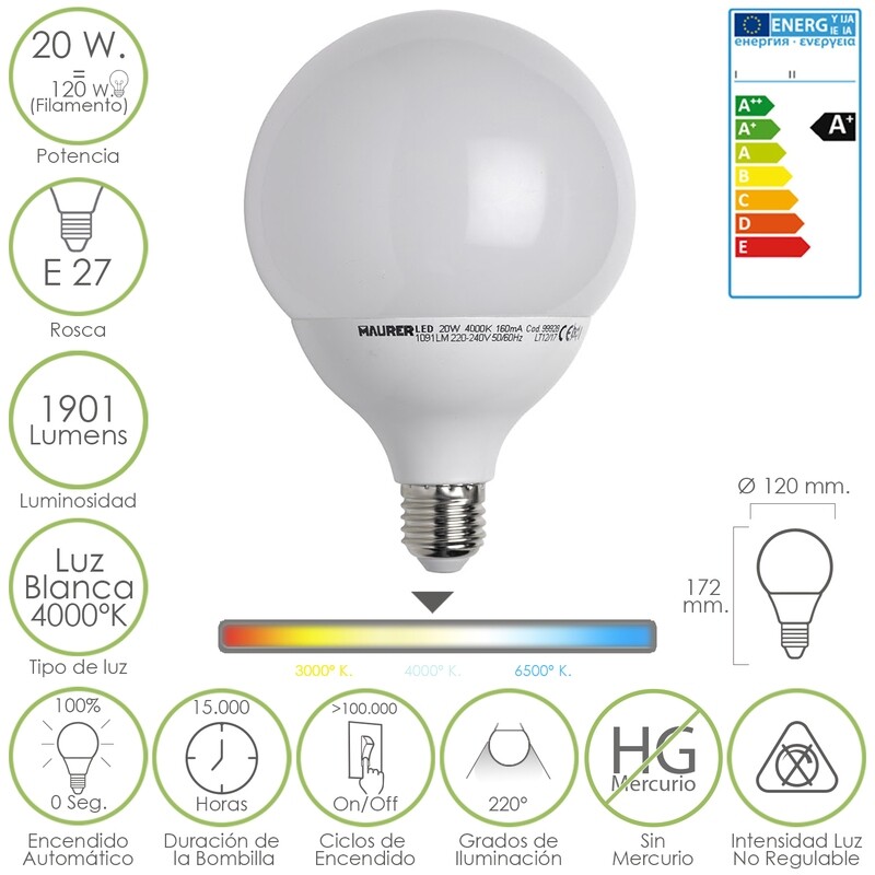 Bombilla Led Globo Rosca E27 20 W.  120 W.  1901 L�menes. Luz Blanca (4000 � K.)