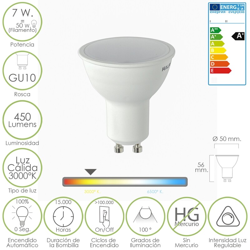 Bombilla Led Dicroica Gu10. 7 W - 50 W Regulable. 450 Lumenes. Luz Calida (3000�K)