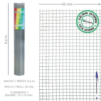 Malla Electrosoldada Galvanizada 19x19 / 60 cm. rollo 25 Metros Uso Domestico Malla Electrosoldada Galvanizada 19x19 / 60 cm. rollo 25 Metros Uso Domestico