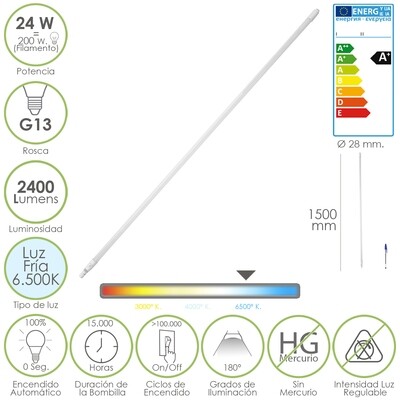Tubo Led Recto T8 / G13 - 24 W. 2400 Lumen 6.500� K � 28 mm. Longitud 150 cm.
