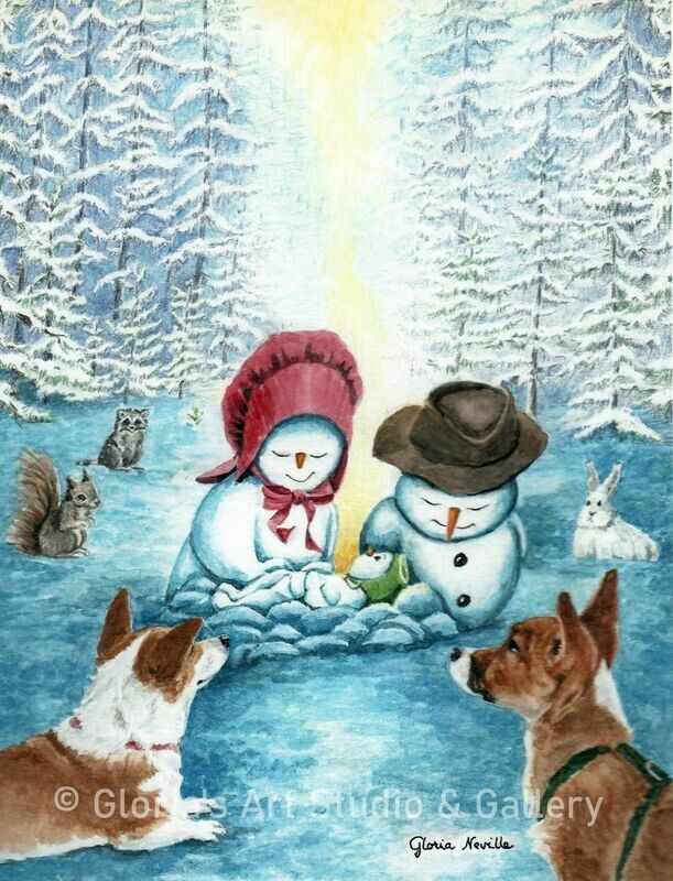 Corgis and Snowmen Art Print