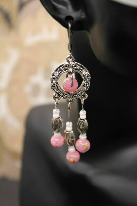 Pink Floral Chandelier Earrings