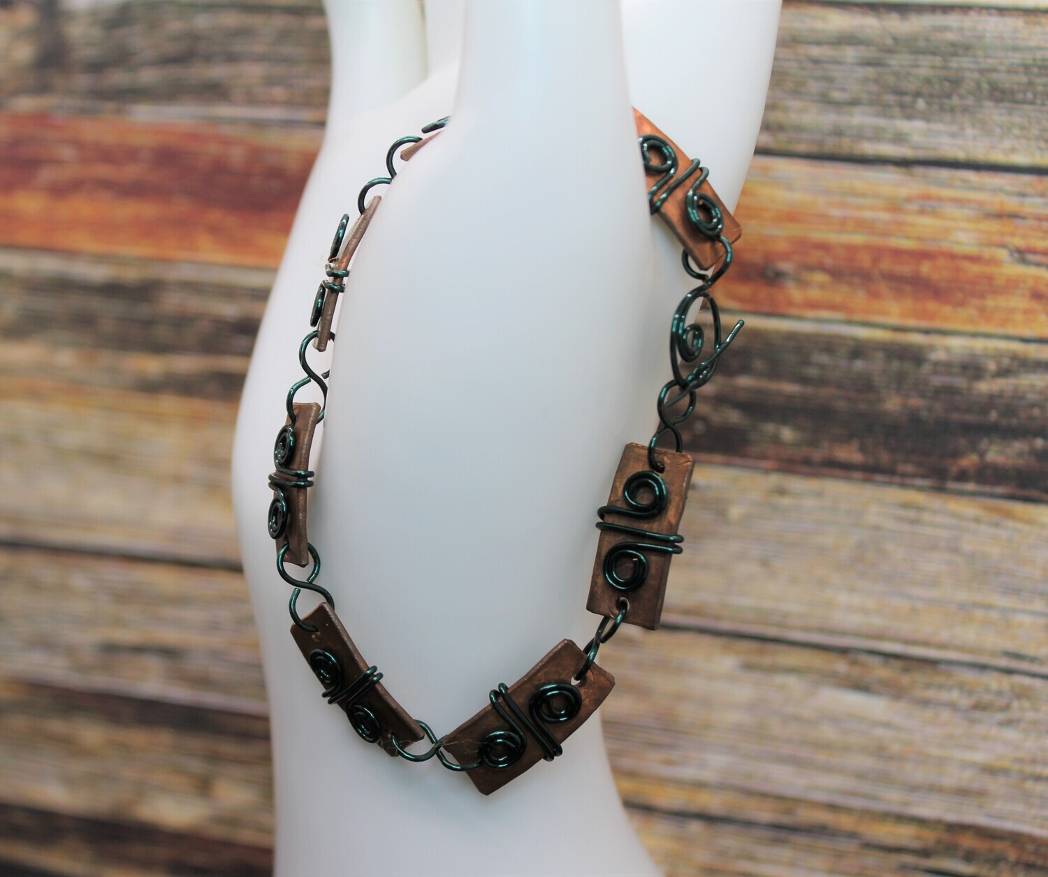 Wire Wrapped Copper Bracelet with Green Colored Wire
