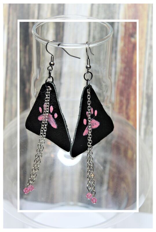 Black Leather Jeweled Paw Earrings