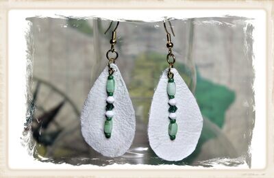 White Leather with Green Beads Earrings