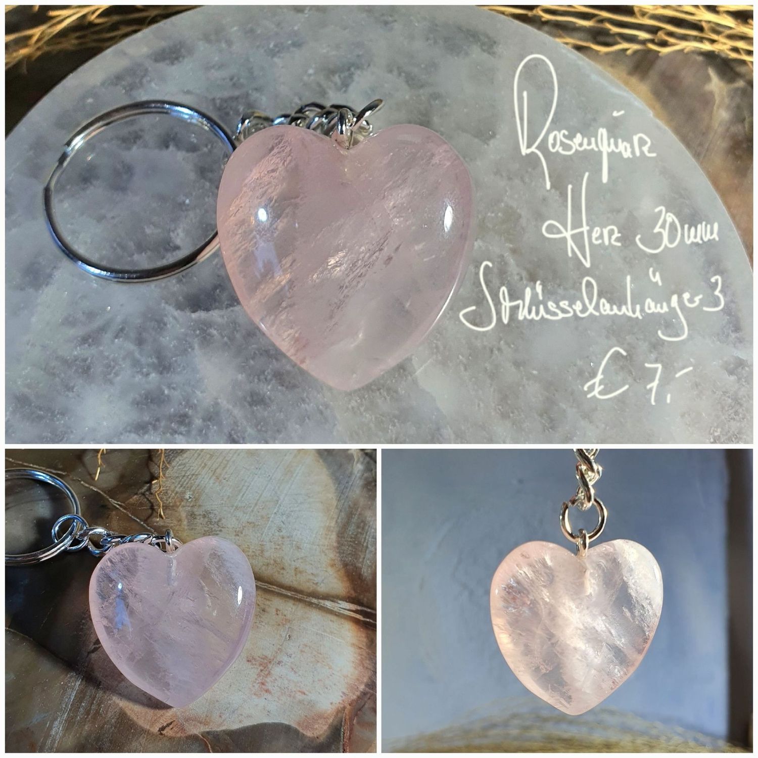 Rosenquarz Schlüsselanhänger Herz 30 mm (3)