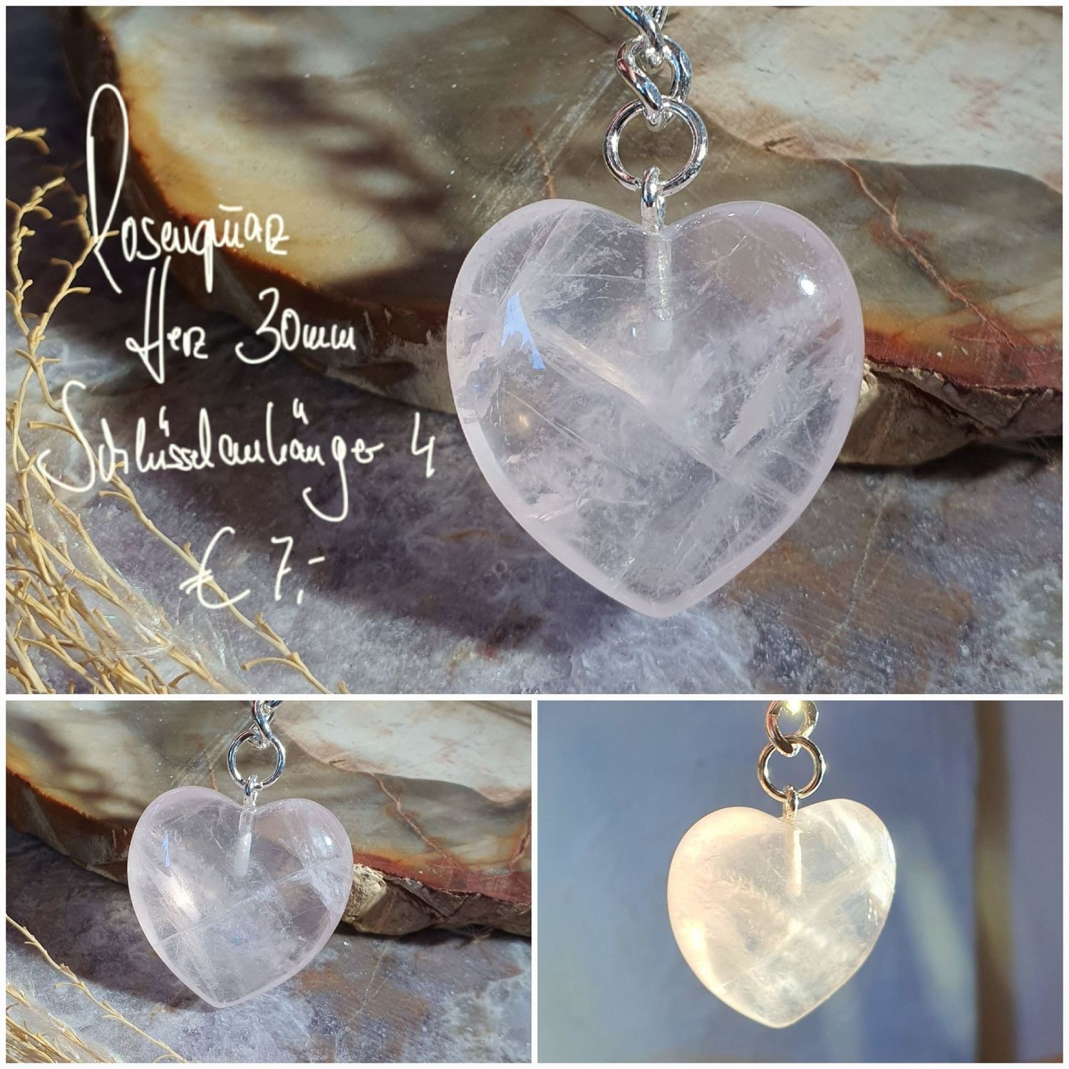 Rosenquarz Schlüsselanhänger Herz 30 mm (4)