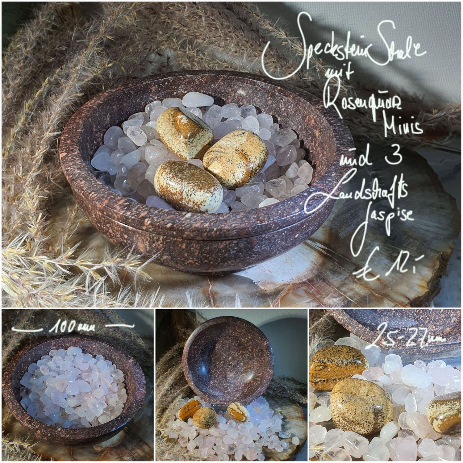 Specksteinschale mit Rosenquarz Minis und 3 Landschaftsjaspise