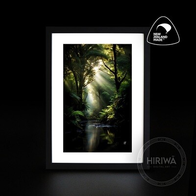 Golden Light forest artwork with sunbeams filtering through lush trees and ferns above a calm stream by Hiriwā Digital Art.