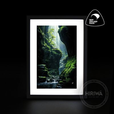 Hidden World waterfall artwork showing a secluded waterfall within a moss-covered chasm by Hiriwā Digital Art.