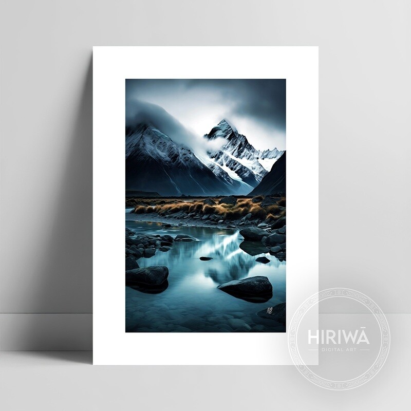 Alpine Whispers fine art print with a white border by Hiriwā Digital Art.