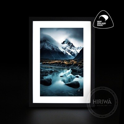 Alpine Whispers artwork with snow-covered mountain peaks, drifting mist and reflections in still water by Hiriwā Digital Art.
