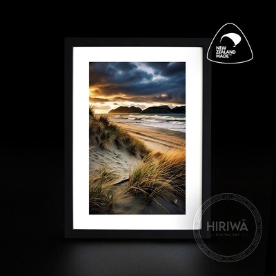 Sand &amp; Storm landscape artwork with windswept sand beneath dark storm clouds by Hiriwā Digital Art.