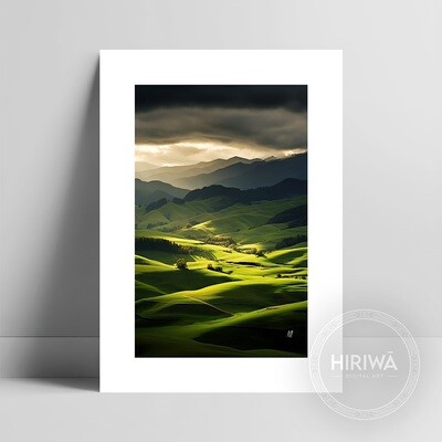 Sunlit Hills fine art print with a white border by Hiriwā Digital Art