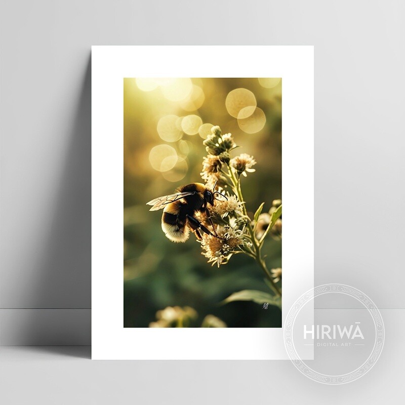 Meadow Bee Blossoms fine art print with a white border by Hiriwā Digital Art.