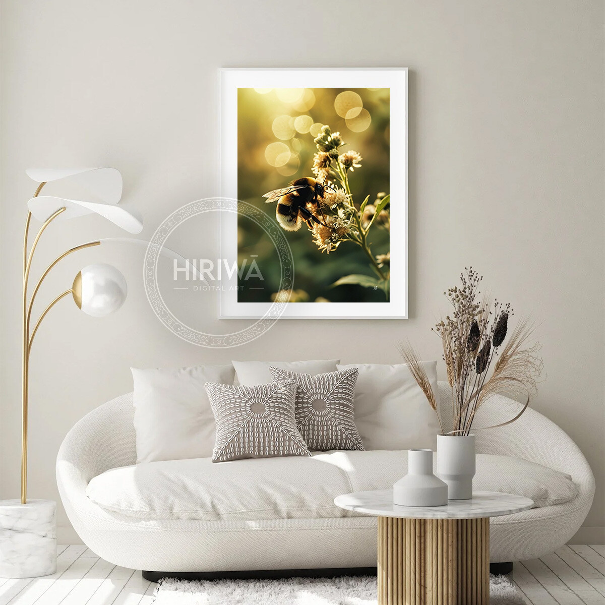 Meadow Bee Blossoms bee and floral print displayed as nature wall art.