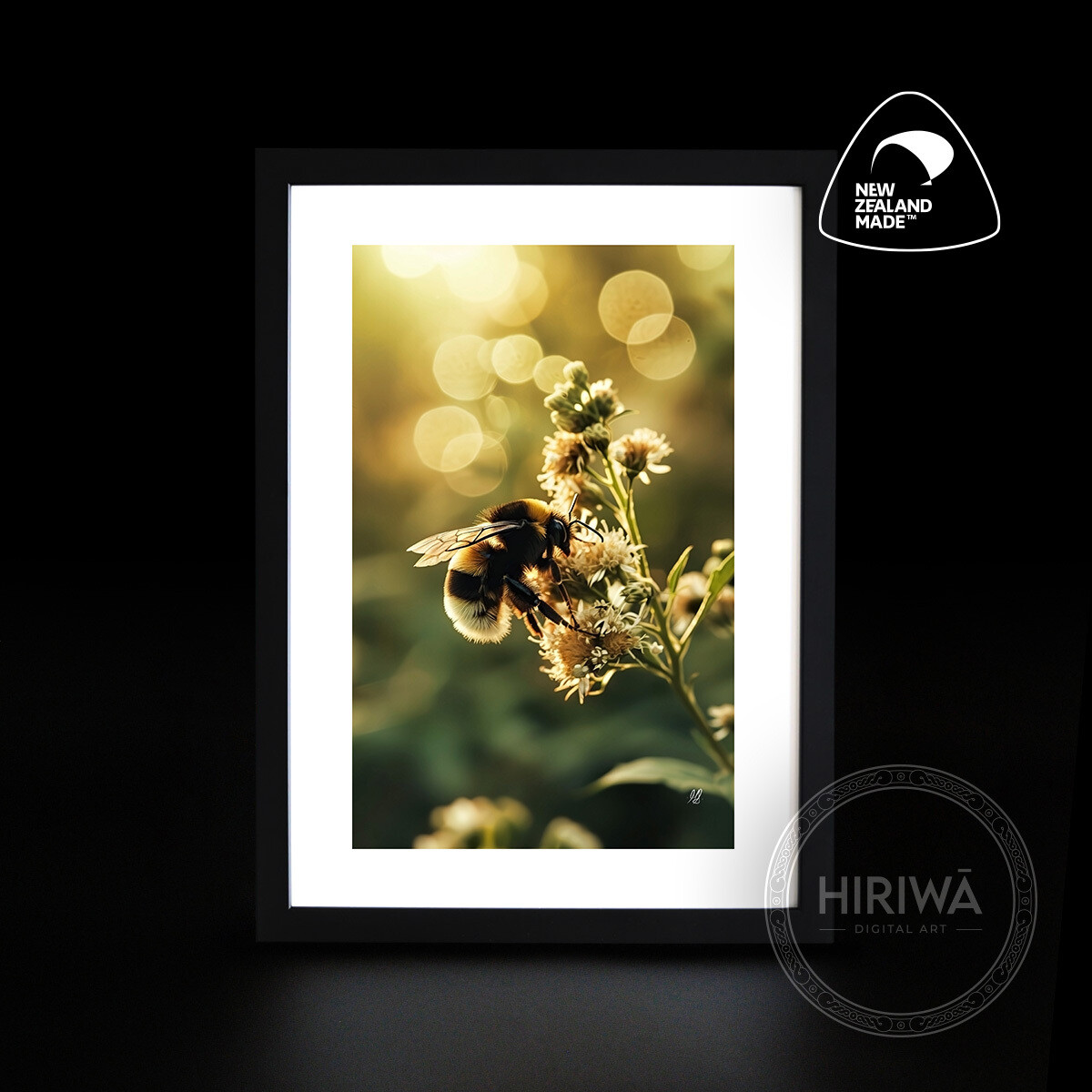 Meadow Bee Blossoms artwork featuring a bumblebee among white flowers in warm golden light by Hiriwā Digital Art.