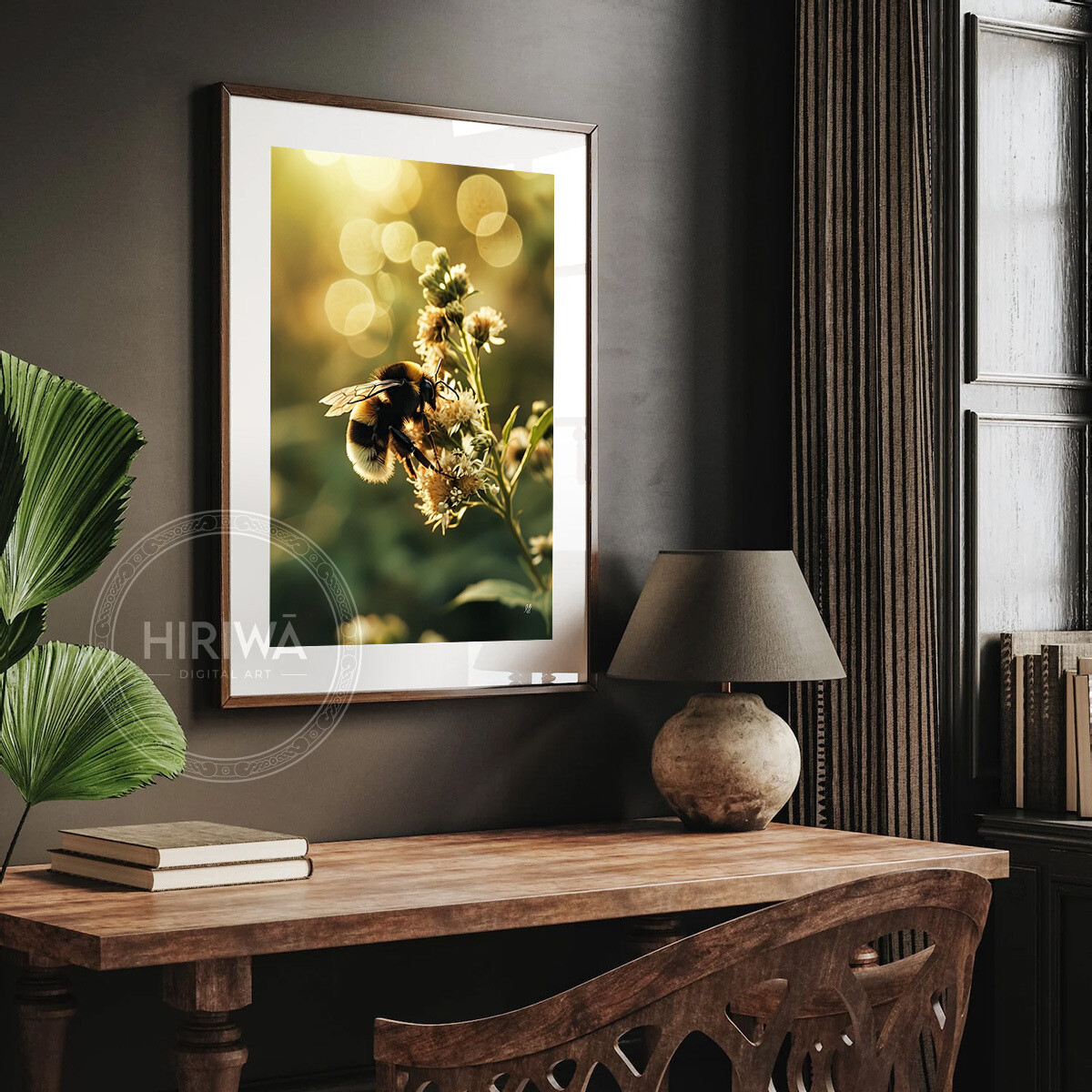 Meadow Bee Blossoms fine art print displayed in a frame with white border.