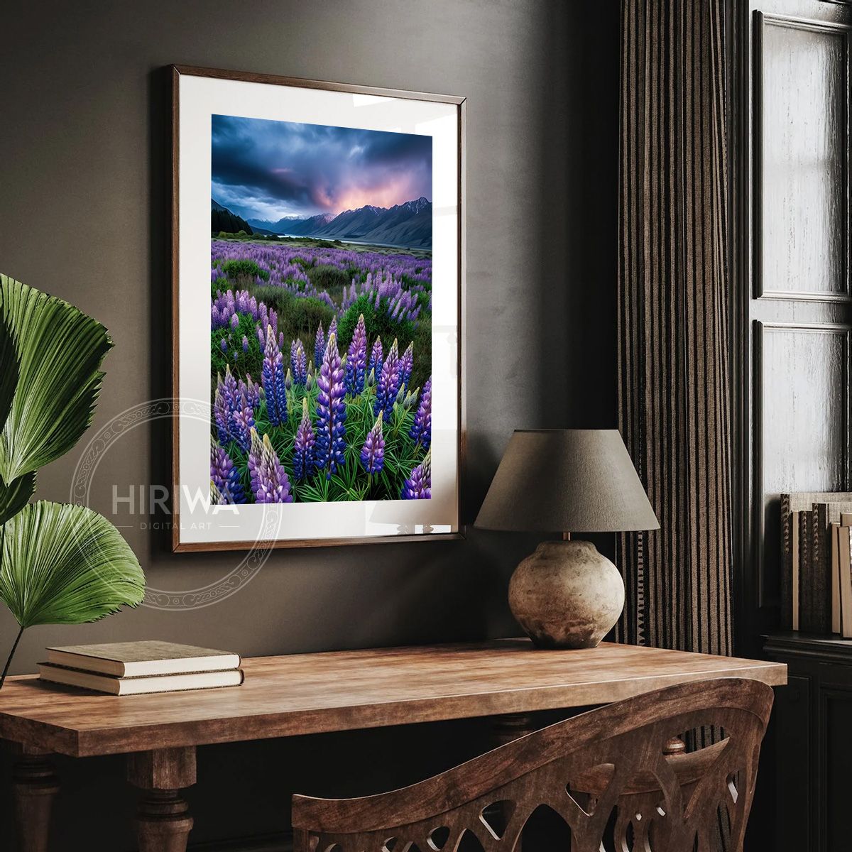 Twilight Lupins fine art print displayed in a frame with white border.