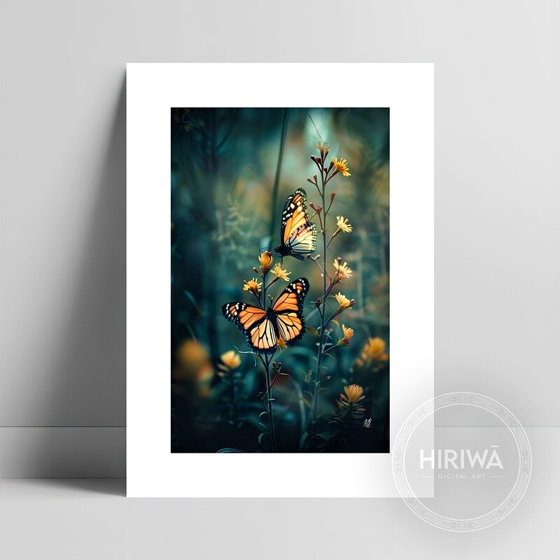 Butterfly Elegance fine art print white a white border by Hiriwā Digital Art.