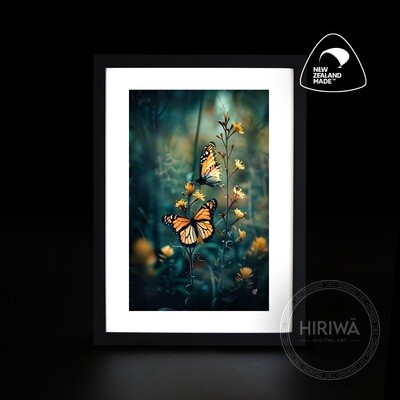 Butterfly Elegance artwork featuring two monarch butterflies among delicate golden flowers by Hiriwā Digital Art.