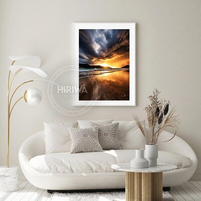Coastal Sunset beach landscape print displayed as coastal wall art.