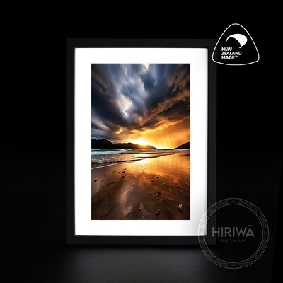Coastal Sunset artwork with golden sunset reflected across wet beach sand beneath dramatic clouds by Hiriwā Digital Art.