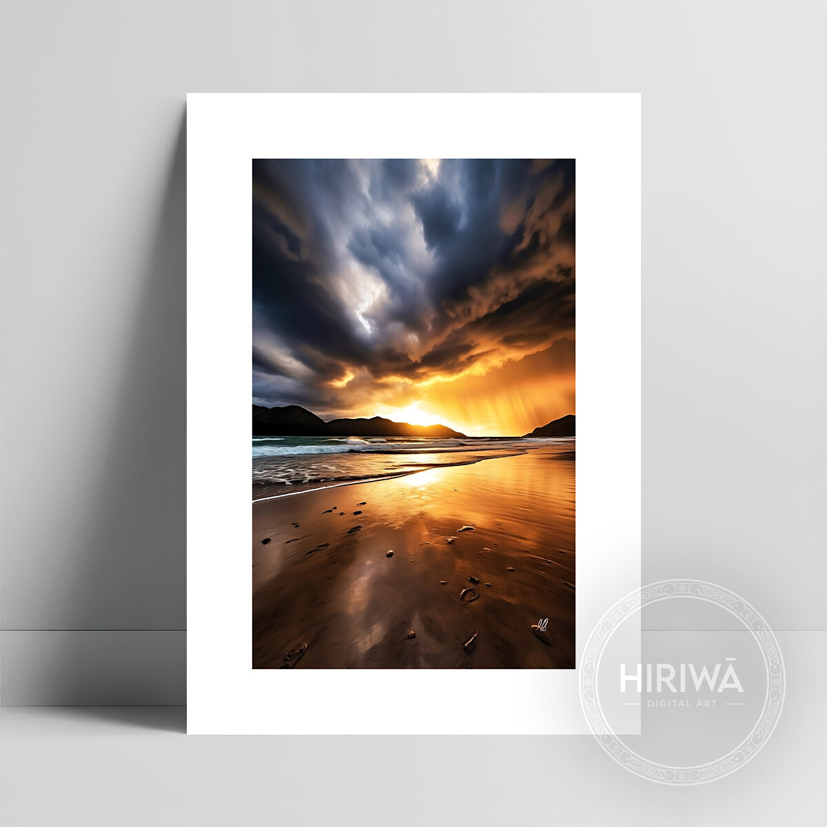 Coastal Sunset fine art print with a white border by Hiriwā Digital Art.